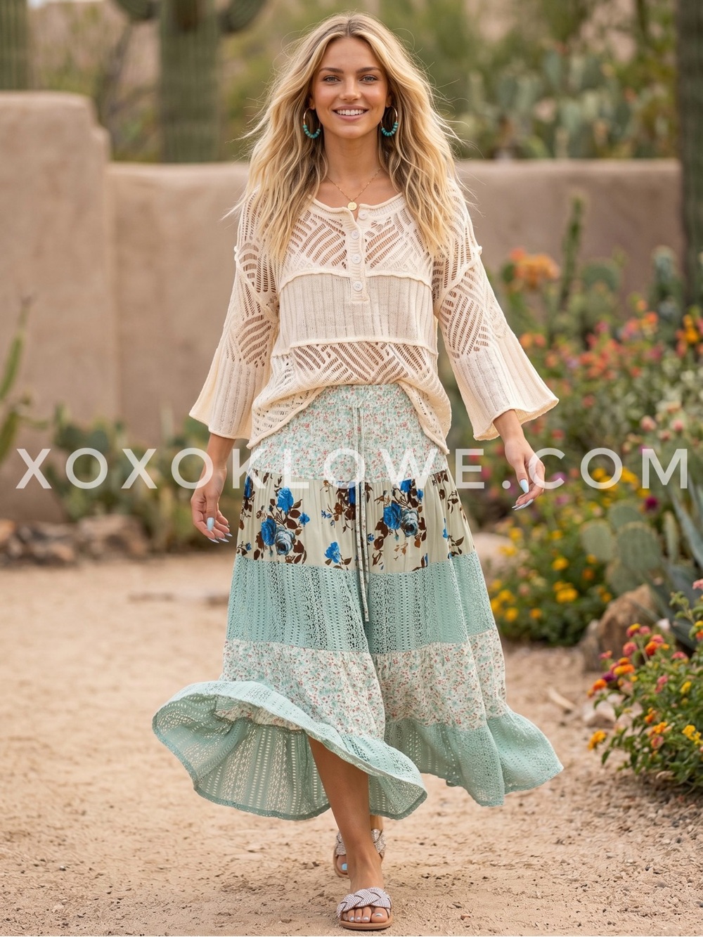 POL Sage Green Floral Patchwork Maxi Skirt | Mint Boho Tiered Lace Flowy - Picture 3 of 10